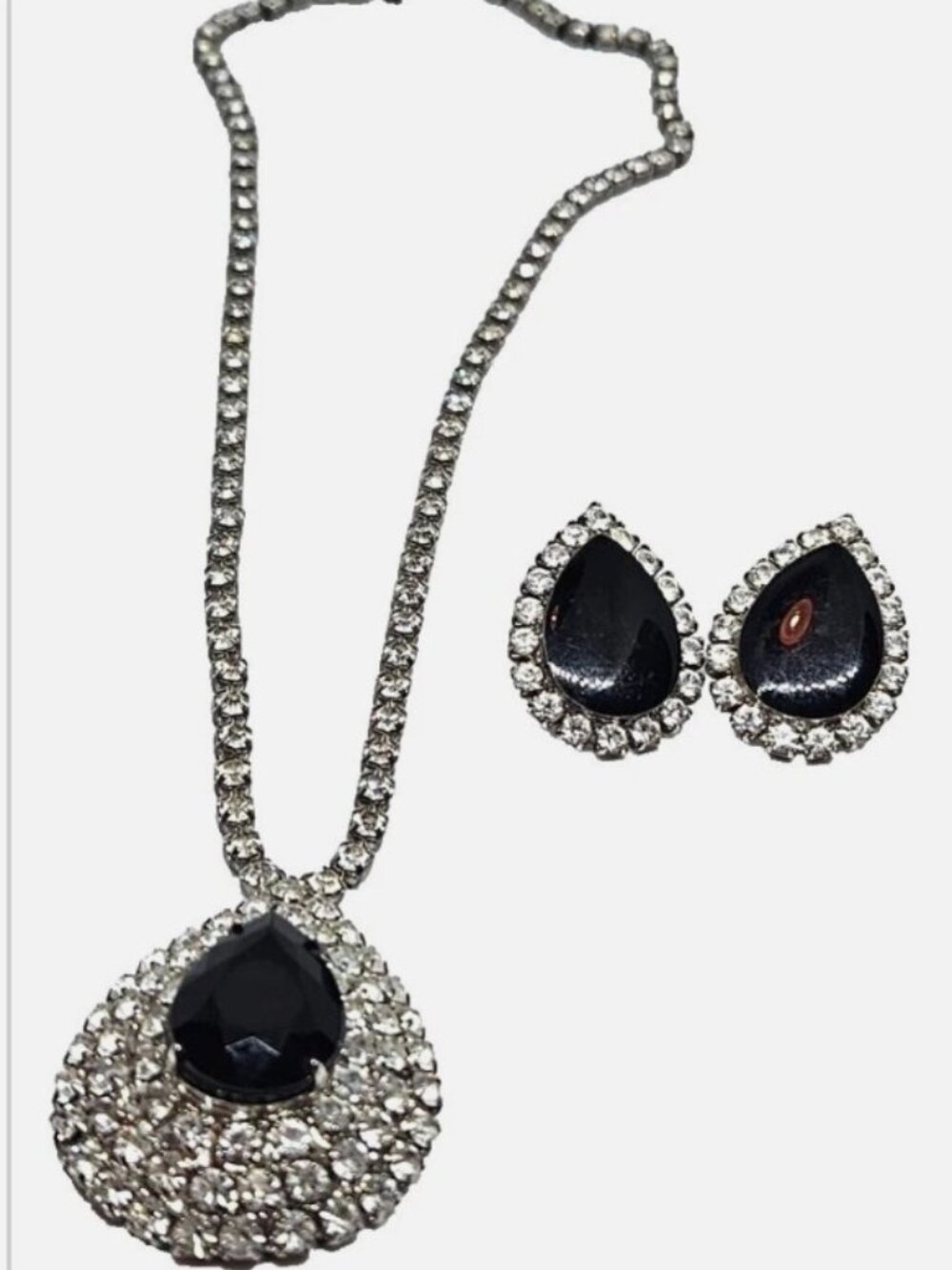 STUNNING! Vintage Princess Onyx and Rhinestone Princess Necklace & Earrings set